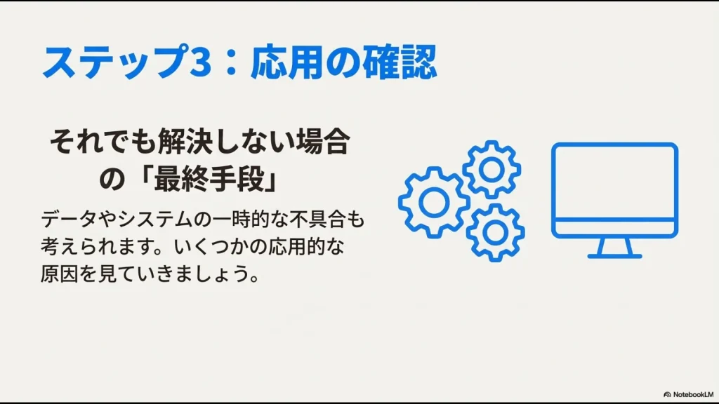 データやシステムの一時的な不具合などの応用的な原因を確認するステップ3のイメージ図