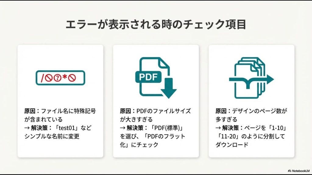 Canvaでエラーが表示される時のチェック項目(ファイル名、PDFサイズ、ページ数)