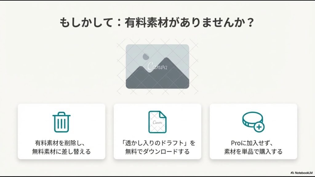 デザインに有料素材が含まれていないか確認し削除または購入する